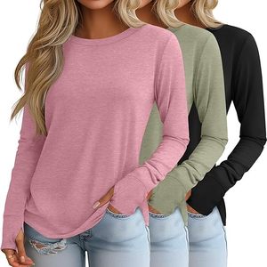 3 Pack Women's Long Sleeve Shirts with Thumb Holes, Cotton Casual Crew Neck Tunic <b>Tops</b> Fall Loose <b>Y2k</b> Trendy Outfits - Product Image 1