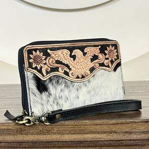 Handmade Stylish Hair on Cowhide Leather Long Wallet <b>Purse</b> Tooled Leather Eagle Design <b>Zip</b> <b>Around</b> Wristlet Clutch for Women's - Product Image 4