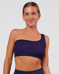Soutien-gorge de sport côtelé asymétrique à une épaule pour femme, couleur unie, maintien moyen, respirant et sans coutures, idéal pour le yoga et l'entraînement - Product Image 1