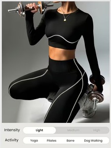 Seamless 2 Piece Gym Outfits Women Contrast Piping Long Sleeve Crop Top with High Waisted Lift <b>Workout</b> Leggings Activewear Set - Product Image 2