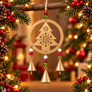Ornement métallique saisonnier avec message, typographie de Noël incurvée, cadre orné d'une étoile et clochettes triples suspendues pour collections de cadeaux - Product Image 5