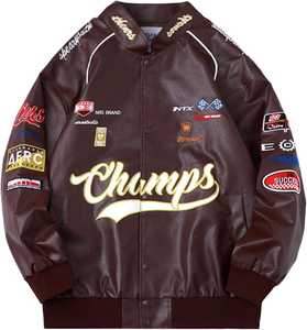 <b>Men</b> Vintage <b>Racing</b> Varsity <b>Jacket</b> PU Leather Look Bomber Coat Patchwork Button Front Streetwear Outerwear - Product Image 2