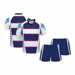 Ensemble d'uniformes de rugby unisexe, maillot imprimé par transfert thermique uni, manches courtes, short à taille élastique anti-transpiration, personnalisable sur le devant - Product Image 1