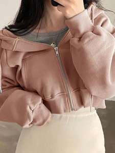 เสื้อฮู้ดครอปสีชมพูสำหรับผู้หญิง ผ้าฝ้ายบุขนด้านใน ทรงหลวมไหล่ตก สไตล์สตรีทแวร์ เป็นมิตรกับสิ่งแวดล้อม รับผลิตโลโก้ตามสั่ง ผลิตจำนวนมาก - Product Image 2