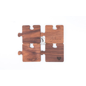 Puzzle Theme Wooden <b>Coaster</b> <b>Set</b>. Interlocking Walnut Wood Personalized Engraved Design Drink Mats For Creative Table Decor - Product Image 1