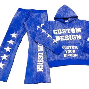 ชุดวอร์มโอเวอร์ไซส์สำหรับฤดูหนาวแบบ OEM ล้างสีสไตล์วินเทจสำหรับผู้ชาย กางเกงทรงขาบานพร้อมป้ายปัก - Product Image 1