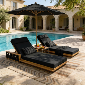 Ensemble de chaises longues d'extérieur en teck avec dossier réglable, mobilier de resort pour bord de piscine - Product Image 1