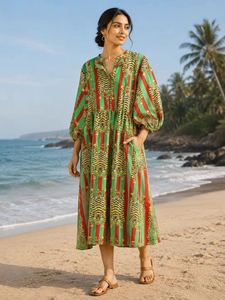 Boho Floral Print High Neck 3/4 Sleeve Free Empire Waist 100% Cotton Hand Block Printed <b>Maxi</b> Summer <b>Dress</b> <b>with</b> <b>Pockets</b> - Product Image 1