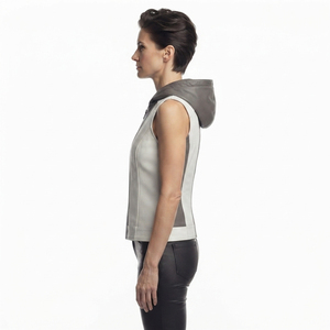Chaleco con capucha de cuero con cremallera para mujer, venta al por mayor, chaleco sin mangas de cuero para mujer, chaleco con capucha de cuero con bolsillos para niñas - Product Image 3