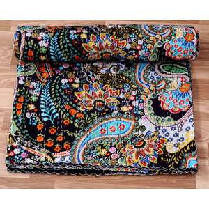 Nouvelle couverture Kantha en coton biologique 100% imprimé paisley, faite à la main au Rajasthan, écologique, toutes saisons, double taille - Product Image 3