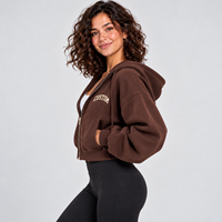 Sweat-shirt court zippé personnalisé pour femme, léger, marron foncé, avec taille côtelée, vêtement de sport, veste courte, vêtement d'extérieur
