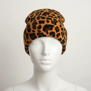 Unisex <b>Leopard</b> <b>Print</b> Camouflage Jacquard Beanie <b>Hat</b> 100% Acrylic Winter Warm Vintage Style Beach Cap for Adults - Product Image 1