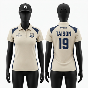 Jersey de Golf para Mujer de Malla Ojo de Pájaro de Poliéster Premium 180 GSM, Panel Crema y Azul Marino, Sublimación Personalizada, Bordado OEM ODM - Product Image 1