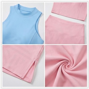 Conjunto de Yoga de 2 Piezas, Color Azul Claro Sólido, Top Corto con Cuello Alto, Falda de Cintura Alta, Ropa Deportiva sin Costuras - Product Image 4