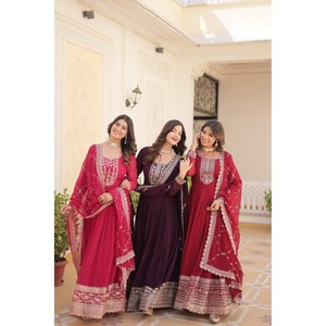 Rich <b>Sequins</b> Embroidered Ball Gown <b>Party</b> Wear with Empire Waistline Made of Organza Fabric - Product Image 6