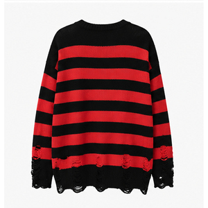 Pull tricoté d'hiver pour homme 2026, noir et rouge, à manches longues, avec trous déchirés, 100 % coton, séchage rapide, respirant - Product Image 2