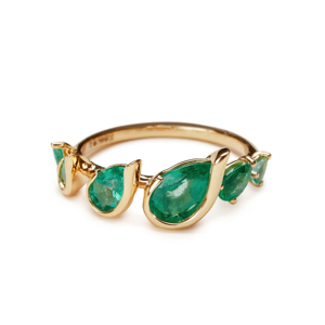 Anillo de Oro Sólido de 18K para Mujer con Esmeralda Corte Pera, Anillos Minimalistas con Piedras Preciosas, Diseño de Planta, para Uso Diario - Product Image 1