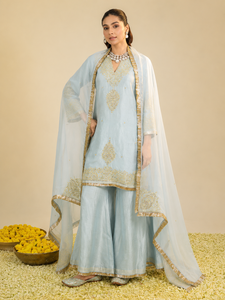 Conjunto de Kurta Bohobi para Mujer, Color Azul Polvo, Tejido, Cintura Natural, Lavable, Elegante, Cuello en V, Manga Acampanada, Bordado a Mano, para Fiesta, Gulmarg - Product Image 1