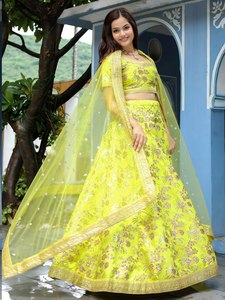 Yellow Floral Embroidered <b>Lehenga</b> Choli with Organza Dupatta Scoop Neck Short Sleeve A-Line Floor-Length Bridesmaid Dress - Product Image 3