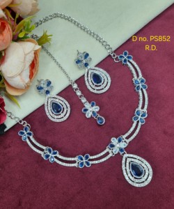Silver Plated Teardrop Stone Necklace <b>Set</b> With Dangle Earrings And Tika Floral Cubic Zirconia Party Wear Jewelry <b>Set</b> Collections - Product Image 2