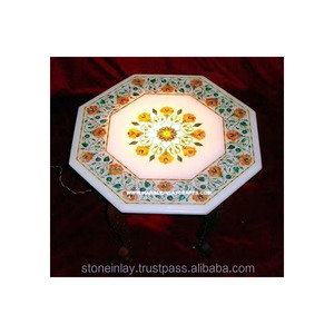 Tablero de mesa octogonal de mármol blanco puro Pietra Dura, hecho a mano con incrustaciones de mármol blanco, para el hogar y restaurantes. - Product Image 1