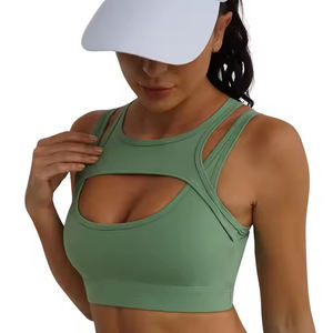 Sujetador deportivo de talla grande para mujer con logo recortado en la parte delantera, de alto impacto para fitness, yoga, gimnasio, entrenamiento, ropa deportiva elegante, top con logo personalizado - Product Image 1
