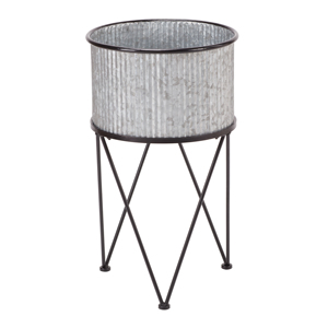 Maceta Moderna de Metal Galvanizado con Soporte de Hierro Negro, Maceta Corrugada de Zinc para Interiores y Exteriores, Soporte para Plantas, Decoración de Jardín - Product Image 1