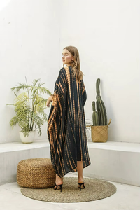 Handmade Boho Style Tie <b>Dye</b> Silk Kimono Maxi Dress Floral Long Sleeves Floor-Length Wrap for Summer Vacation Beach Cover Dress - Product Image 6