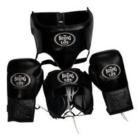 No Boxing No Life Ensemble d'équipement de boxe en cuir de vachette véritable, gants à lacets à séchage rapide, protège-tête et protège-glandes, équipement d'entraînement pour adultes