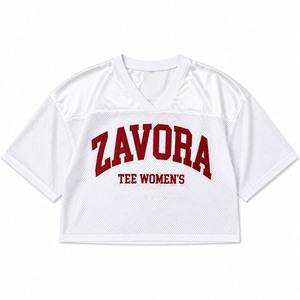 White <b>Mesh</b> Crop <b>Top</b> American Football Jersey Women <b>Mesh</b> V Neck Short Sleeve Boxy Fit Custom Streetwear Soccer Jersey Wholesale - Product Image 4