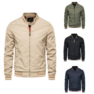 Blouson bomber bleu marine pour homme avec garniture rouge et blanche, fermeture éclair, vêtement décontracté d'automne, coupe classique, matière polyester - Product Image 6