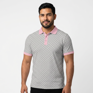 Polo à manches courtes gris pour homme avec col et poignets roses, design décontracté en tricot respirant - Product Image 3