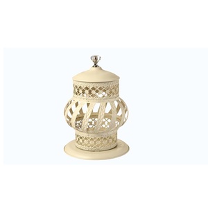Decorative Metal Lantern <b>Lamp</b> Cream White Finish Intricate Lattice Design Crystal Knob Candle Holder & <b>Table</b> Decor - Product Image 1
