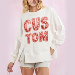 Custom <b>Sequined</b> Oversized Sweatshirt Women Long Sleeve Drop Shoulder O-Neck Loose Fit <b>White</b> Cotton Knitted <b>Top</b> Front Logo Casual - Product Image 5