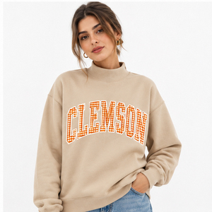 Clemson Embroidered <b>Mock</b> <b>Neck</b> Sweatshirt Personalized College Pullover Custom Slogan Turtleneck Style Sweater Game Day Shirt - Product Image 2