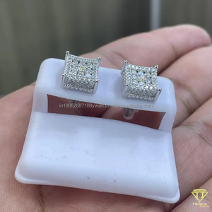 Square Cluster Stud <b>Earrings</b> with <b>Halo</b> Cushion Sparkling Moissanite Diamond Style Micro Pave Gold Plated for Gift - Product Image 3