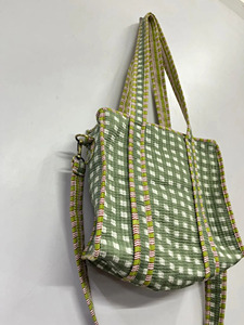 Green Checkered Cotton Bohemian Mini Tote Bag with Dual Straps Open Closure Made in Rajasthan - Product Image 5