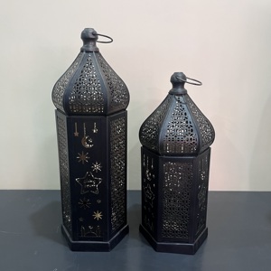 Artisan Design <b>Set</b> of 2 Iron Ramadan & Eid Islamic Moon Star Candle <b>Lanterns</b> for Home Table Decoration - Product Image 4