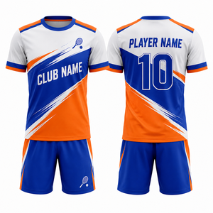 Kit de tennis personnalisé, blanc, bleu, orange, impression par sublimation, polyester respirant, séchage rapide, unisexe, manches courtes, col en V - Product Image 1