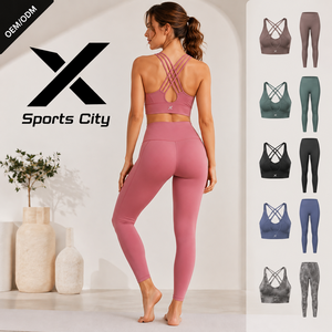 Ensemble de yoga 2 pièces pour femme, bretelles croisées, col rond, taille haute, longueur intégrale, sans couture, couleur unie, respirant, tenue d'entraînement - Product Image 2