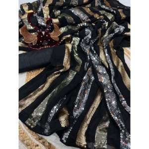 Sari de diseñador para mujer con elegante Conjunto de Trabajo de bordado de triple secuencia - Product Image 6