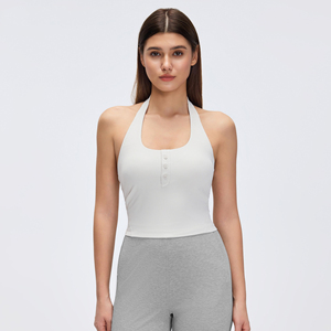 Women's <b>Pink</b> Ribbed Halter Tank <b>Top</b> With Button Front And Square Neckline For Yoga And Workout - Product Image 6
