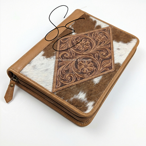 SEHRAINN Vintage Tooled <b>Leather</b> Portfolio <b>A4</b> Organizer Zipper Case Hair On Cowhide Flowers Durable <b>Document</b>/Certificate <b>Holder</b> - Product Image 4