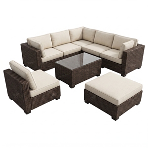 Juego de Sofás Blora de 5 Piezas con Estructura de Madera de Caoba, Mimbre de Jacinto de Agua, Tela Ksvw, Mesa de Vidrio Estándar, Muebles de Patio Premium - Product Image 1