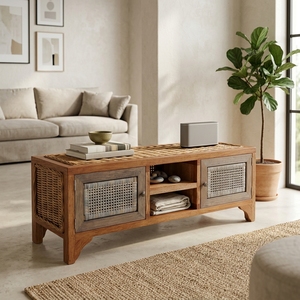 New Modern <b>Minimalist</b> Flores Wooden TV Nightstand Natural Rattan Webbing Console Media Storage Cabinet Living Room Entertainment - Product Image 2
