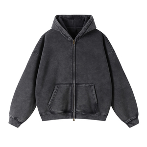 2026 Sweat à capuche streetwear de haute qualité, en molleton uni, vintage, double couche, délavé à l'acide, coupe ample, zippé - Product Image 3
