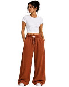 Pantalon de survêtement large pour femme, taille haute, coupe décontractée, style streetwear, en molleton, avec cordon de serrage et poches, couleur orange rouille - Product Image 1