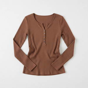 Women's Ribbed Long Sleeve Henley Top Snap <b>Button</b> Slim Fit Soft Fabric Custom Woven Label OEM Wholesale Factory - Product Image 4