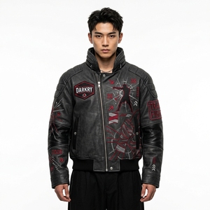 Blouson en cuir brodé à motif géométrique, col montant, fermeture éclair, style motard, pour l'automne - Product Image 1