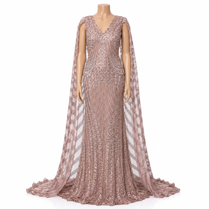 Luxury Rose Gold Sequin Evening Gown for <b>Women</b> V Neck <b>Cape</b> Sleeve Mermaid Maxi Dress Formal Party Wedding Reception Prom Dress - Product Image 1